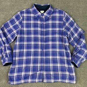 LL Bean Fleece Lined Flannel Shirt Women's Large Purple Button Up Plaid 285013